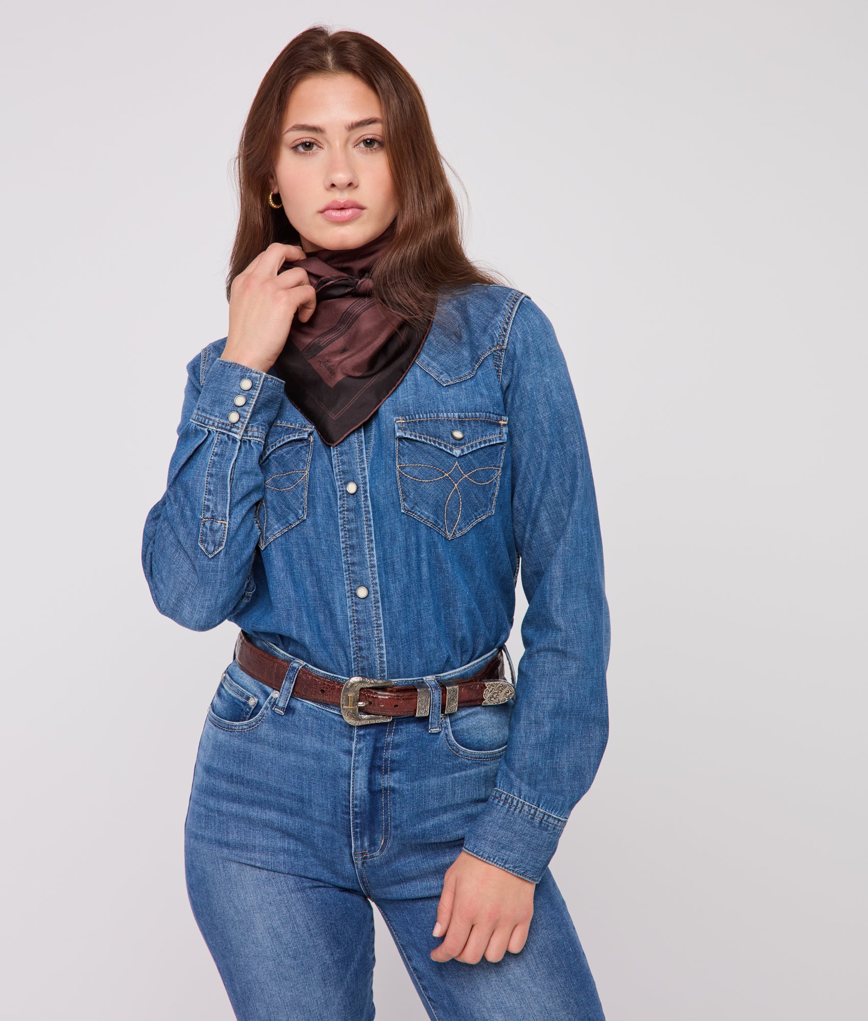 Cowboy Sketch Silk Scarf :: Grey/Brown - Image 5