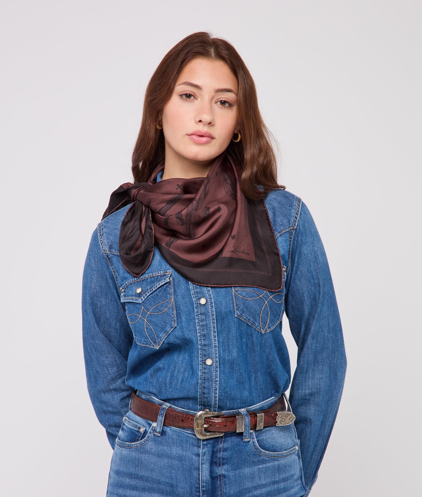 Cowboy Sketch Silk Scarf :: Grey/Brown - Image 7