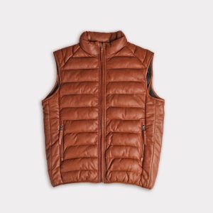 Men's Leather Puffer Vest :: Cognac