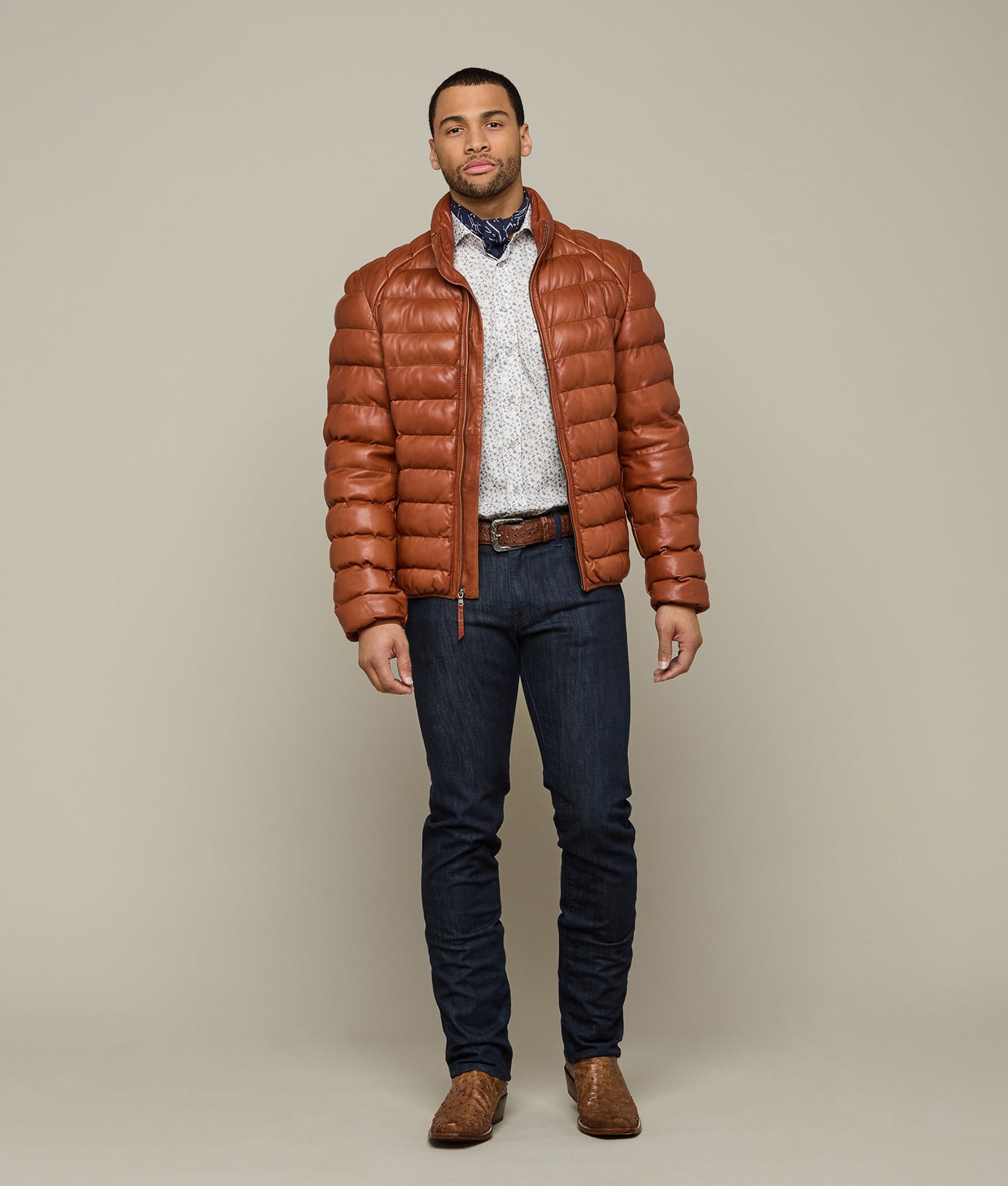Men's Leather Puffer Jacket :: Cognac - Image 5